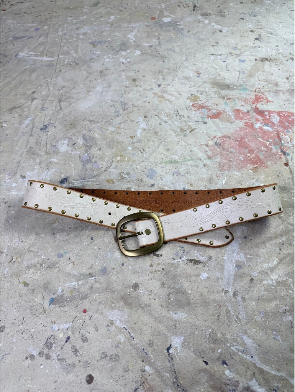 Ivory Genuine Leather Studded Western Belt Solid Brass Buckle